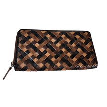 Genuine Leather Basketweave tri-Color Long WALLET Boho Leopard Interior - £18.83 GBP