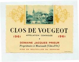 Domaine Jacques Proeur Clos De Vougeot 1961 Wine Label - $11.88
