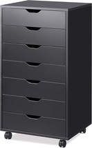 Devaise 7-Drawer Chest, Wood Storage Dresser Cabinet With Wheels, Black - £132.61 GBP