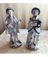 Victorian Colonial Man Woman Figurines Mandolin Harp Blue White Music 8&quot;... - $42.08