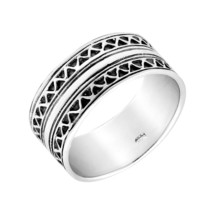 Triangular Tribal Pattern Thick Band Sterling Silver Ring-7 - £15.27 GBP