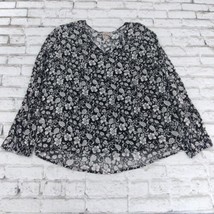Como Vintage Shirt Womens Large Black Floral Long Sleeve Tie Neck Popover Boho - £17.26 GBP