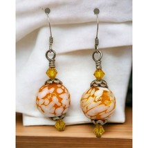 Marble Style Bead Dangle Earrings Orange White Vintage Silver Tone - $17.49