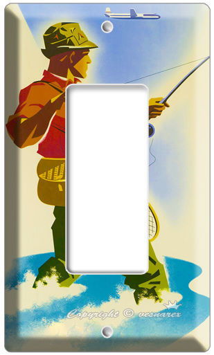RETRO FISHING TRAVELING AD SINGLE GFI LIGHT SWITCH WALL PLATE COVER ROOM DECOR