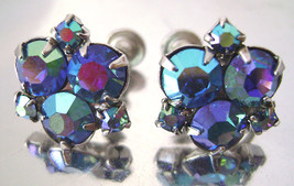     Vintage Blue AB Rhinestone Earrings Silvertone Screw Back Signed Keyes 1960s - £14.92 GBP