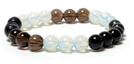 Handmade Bracelet Opal, Smokey Crystals Lava Beads Hematite  Black Obsidian - £27.65 GBP