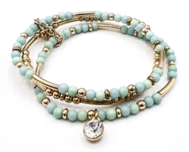 Three Gold Tone Mint Green Nine West Beaded Crystal Stretch Bracelets - £10.85 GBP