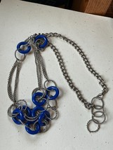 Long Silvertone Chain w Open Tubular Plastic Blue Circles Necklace – 30 inches - £11.24 GBP