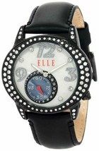 ELLE TIME EL20048S02N Women&#39;s Crystal Accented MOP Dial Black Leather Band Watch - £25.77 GBP