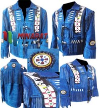 Minarat&#39;s Eagle Men&#39;s Western Blue Jacket Fringes Beads &amp; Bones Suede Leather Co - £200.61 GBP