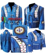 Minarat&#39;s Eagle Men&#39;s Western Blue Jacket Fringes Beads &amp; Bones Suede Le... - $250.97