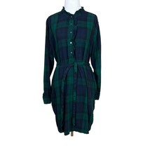 GAP Shirt Dress Womens XL Green Tartan Plaid Popover Long Sleeve Ruffle Belted - £23.96 GBP