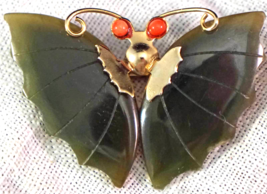 Butterfly Brooch Pin Nephrite Spinach Jade &amp; Coral Eyes in Gold-tone Set... - £23.94 GBP