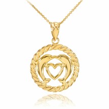 10k Solid Yellow Gold Heart Kissing Dolphins in Circle Rope Pendant Necklace - £105.41 GBP+