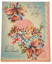 1950s New Baby Card Blonde Haired Blue-eyed Baby Flowers Scalloped Vinta... - £4.59 GBP