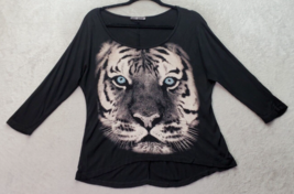 One Hundred Roses Blouse Top Women&#39;s Small Black Tiger Print Beaded Round Neck - £14.74 GBP