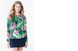 Lands End Women&#39;s Swim Tee Rash Guard - Deep Sea Palms New - $19.99