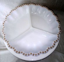 Fire King Anchor Hocking White Milk Glass Divided Dish Gold Trim  - $12.00