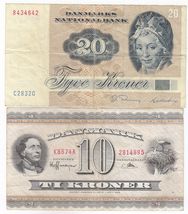 Denmark, 10, 20 Kroner, Set of 2, National Bank of Denmark-
show origina... - $19.03