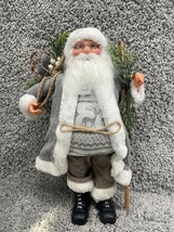 Santa Claus Gray Coat With Bag Winter Standing Collectible Figurine 16.75&quot; - £18.27 GBP