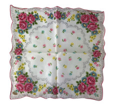 Vintage Burmel Pink Floral Corner Scalloped Edge Hankie Handkerchief Switzerland - £6.17 GBP