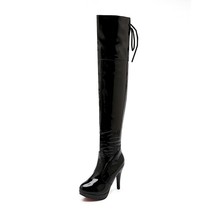 Sexy Over The Knee Boots Patent Leather Velvet Round Toe Lace Up Zip Platform 11 - £65.57 GBP