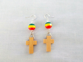 Natural Color Wooden Cross Cut Out W 10mm Rasta Color Bead Two Part Earrings - £6.79 GBP