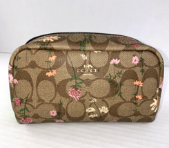 Coach Signature Wildflower Boxy Cosmetic Bag Khaki Canvas Leather C8728 Small X1 - £71.38 GBP