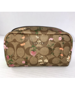 Coach Signature Wildflower Boxy Cosmetic Bag Khaki Canvas Leather C8728 Small M7 - $80.18