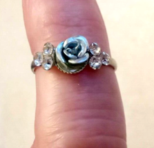 Rhinestone Accent Ice Blue Rose RING adjustable Silver Tone Band Costume Jewelry - £7.35 GBP