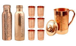 Handmade Copper Water Pitchers Jug Copper Water Bottle 6 Drinking Tumbler Glass - £61.06 GBP