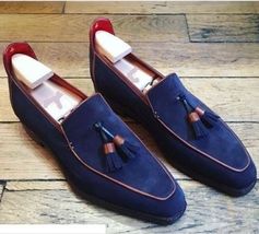 Handmade Suede leather Casual Tassels Shoes Men Navy blue driving Shoes moccasin - £123.86 GBP