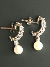 Estate 925 Marked Lacey Silver Half Hoop w Faux Pearl &amp; Clear Rhinestone Dangle - £12.65 GBP