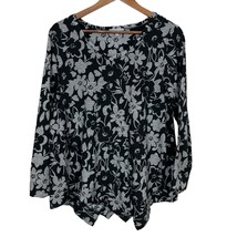 Habitat Top Womens Large Black White Floral Stripe Lagenlook Asymmetrical V-Neck - £27.96 GBP