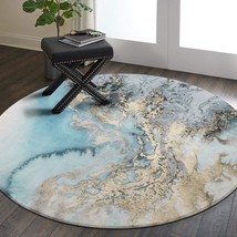 Lahome Marble Pattern Round Area Rug - 3&#39; Diameter Faux Wool Non-Slip, Blue). - £35.37 GBP