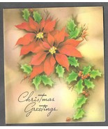 VINTAGE 1940s WWII ERA Christmas Greeting Holiday Card POINSETTIAS &amp; HOLLY - £11.63 GBP
