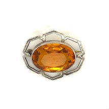Antique Signed Sterling Retro Floral Open Works Large Oval Citrine Stone Brooch - £35.80 GBP