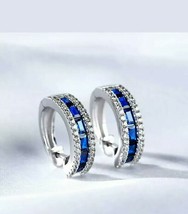 2Ct Simulated Blue Sapphire Diamond Huggie Hoop Earrings 14k White Gold Plated - £61.82 GBP