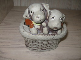 Clay Look Figurine Puppies In A Weave Basket Candy Dish Flower Pot - £6.25 GBP