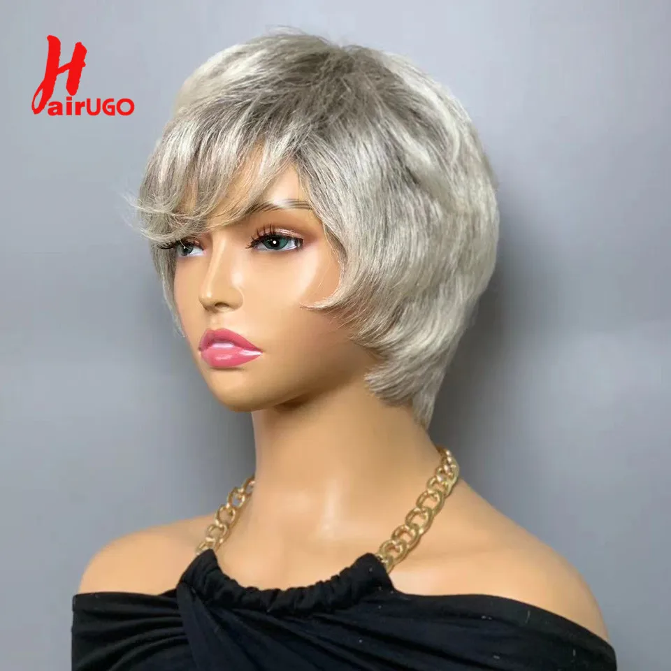 Ombre Gray Pixie Cut Wigs Human Hair Glueless Wigs Grey Fringe Full Machine Ma - £27.51 GBP+