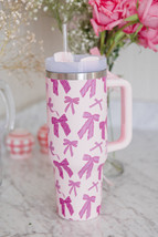 Pink Cute Bowknot Printed Tumbler with Handle 40oz - $509.16 MXN