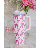 Pink Cute Bowknot Printed Tumbler with Handle 40oz - $37.61 CAD
