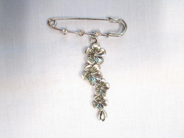 2" Pin Brooch W 3 Crystals & 4 Flower Pendant Dangle Plumeria Floral Cascade - £4.81 GBP