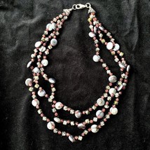 Handmade Wire Crochet Beaded Necklace Coin Pearls Swarovski Crystals Silver 16in - £44.58 GBP