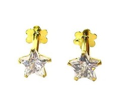 Star Shape White CZ Nose Ear Studs PAIR 14k Solid Real Gold Screw Back pair - £38.06 GBP