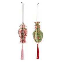 Set/2 4.5&quot; Raz Pink Green Chinoiserie Ginger Jar Ornament Asian Christma... - £42.22 GBP