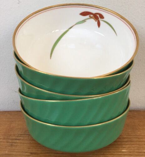 Primary image for Set 5 Vtg Japanese Red Iris Flower Green Porcelain Dessert Miso Tea Bowls 4.5"