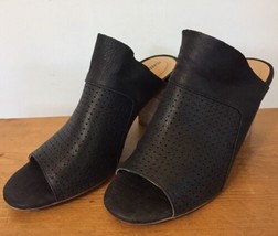 Adam Tucker Mylee Open Toe Slip On Black Leather Stacked Wood Heel High ... - $59.39