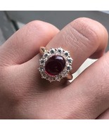 Red Ruby Engagement Ring 10x8mm Oval Cut Wedding Ring Moissanite Halo Ring - $99.99
