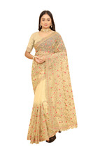 Designer Beige Heavy Thread Embroidery Work Sari Heavy Net Party Wear Saree - £59.77 GBP